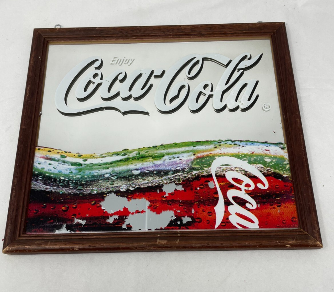 VTG ENJOY COCA-COLA FRAMED CARNIVAL MIRROR SIGN 13x11.5