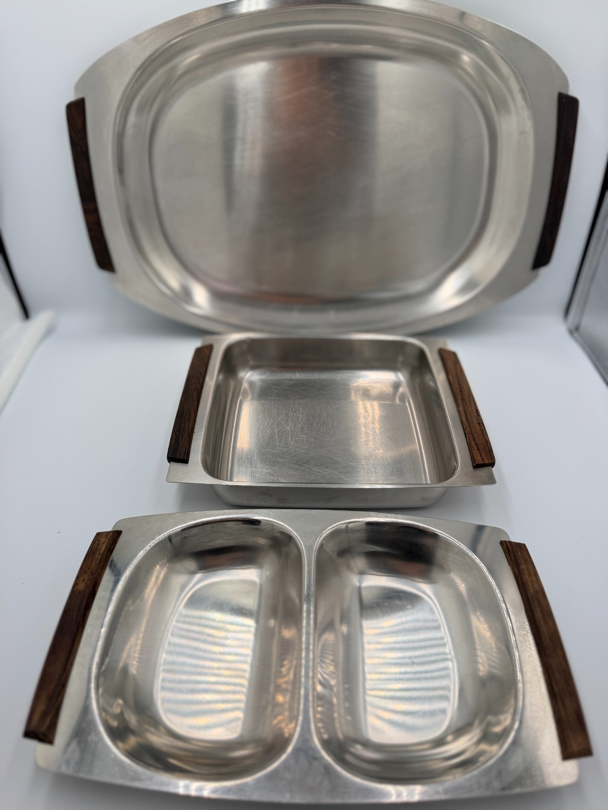 Set of 3 Vintage Mid Century Modern Serving Trays with Teak Handles Set of 3 Vintage Mid Century Modern Serving Trays with Teak Handles