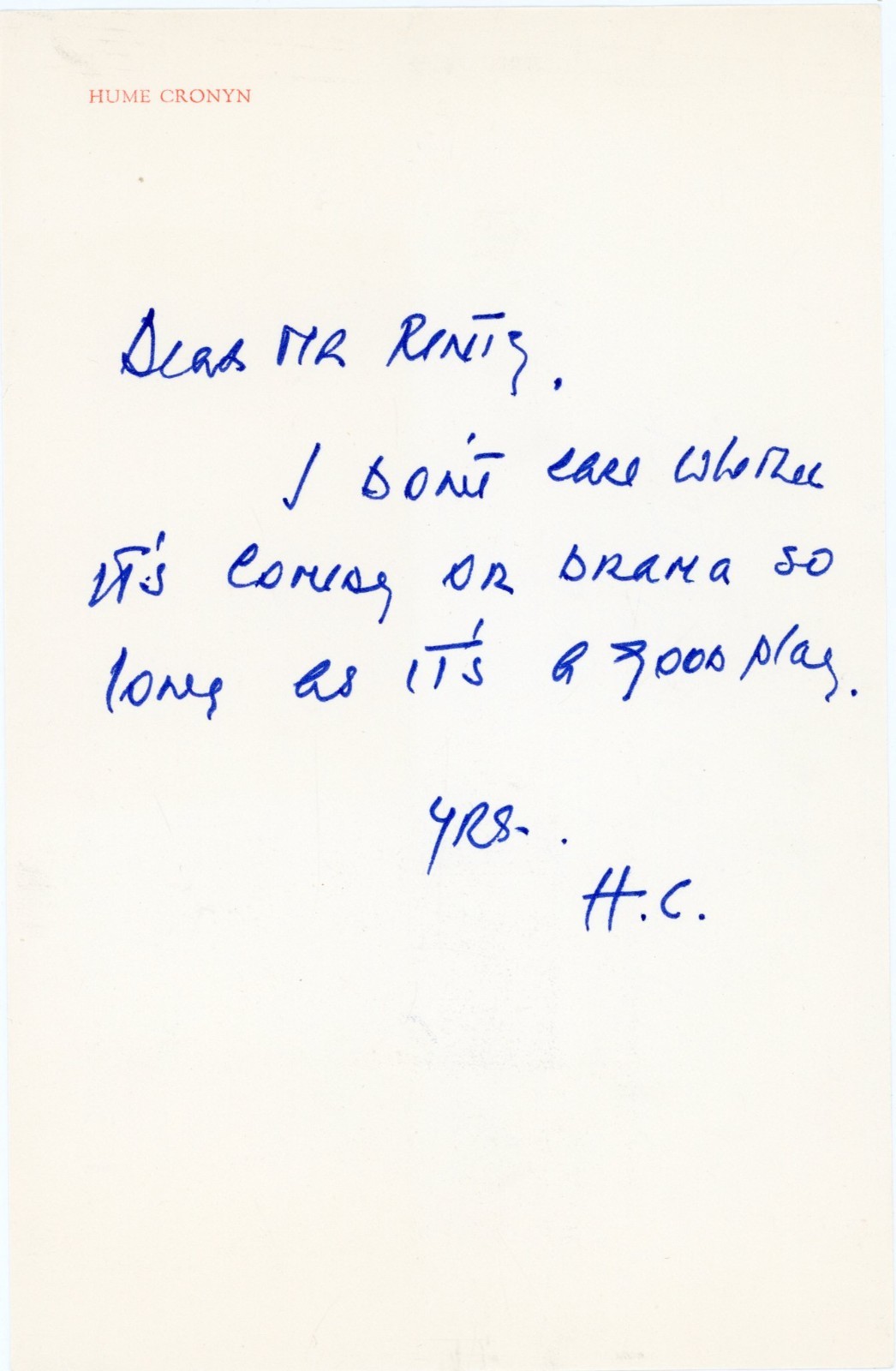 Hume Cronyn - Initialed & Handwritten Letter