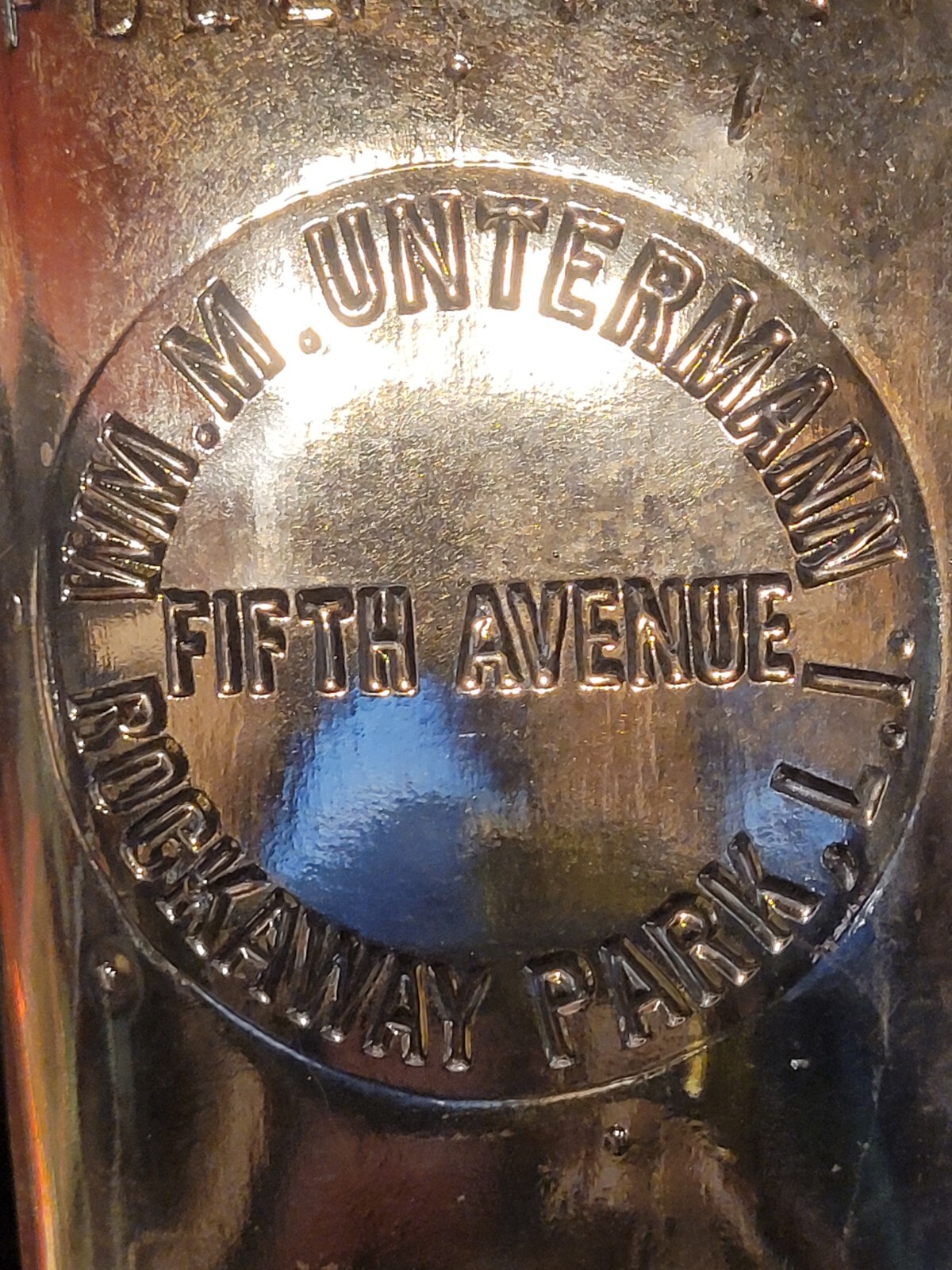 RARE WHISKEY FLASK  Wm. M. UNTERMANN 5th AVE. ROCKAWAY PARK L. I. NEW YORK