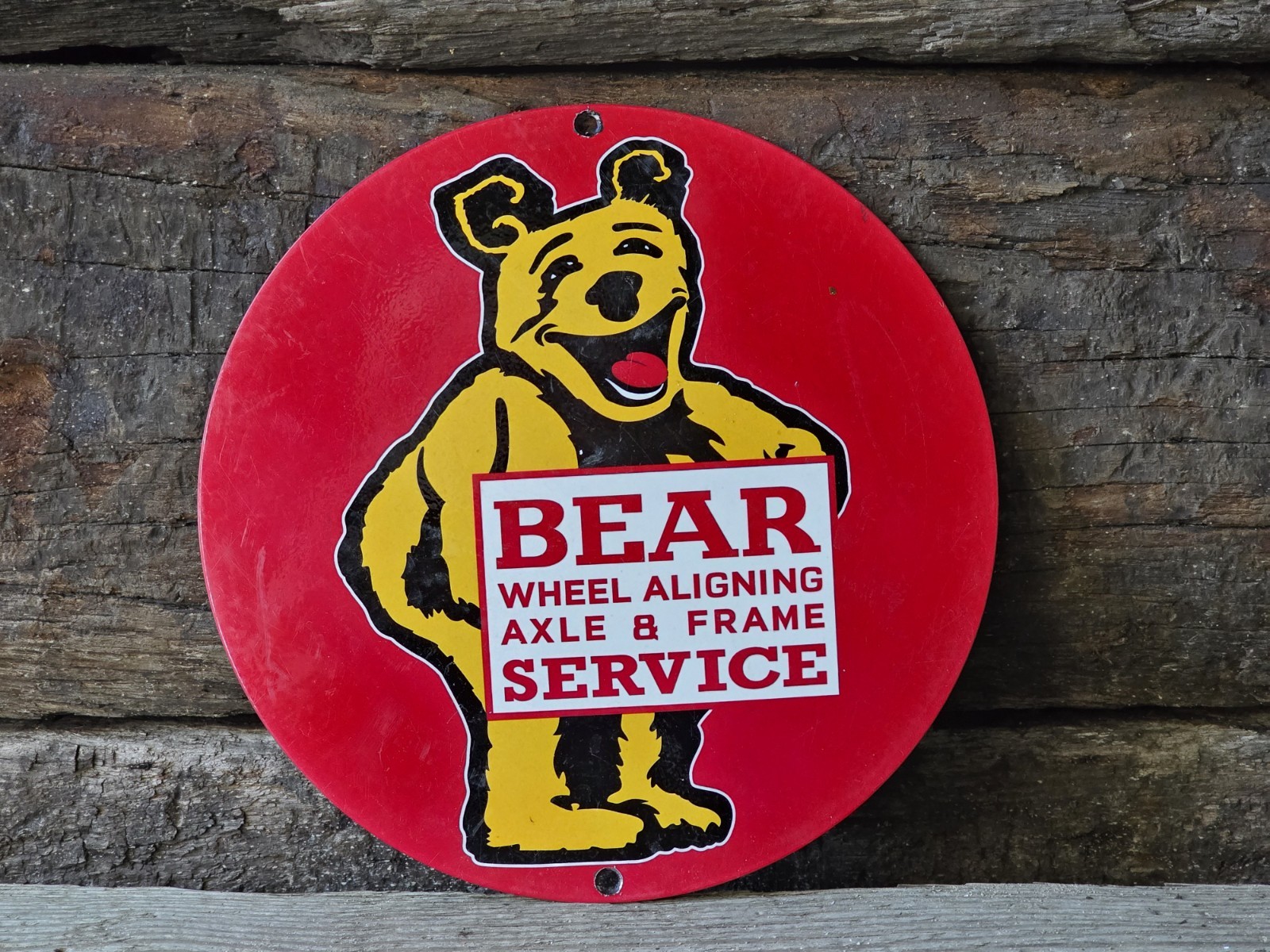 VINTAGE BEAR WHEEL ALIGNMENT AXLE AND FRAME SERVICE PORCELAIN SIGN 8\