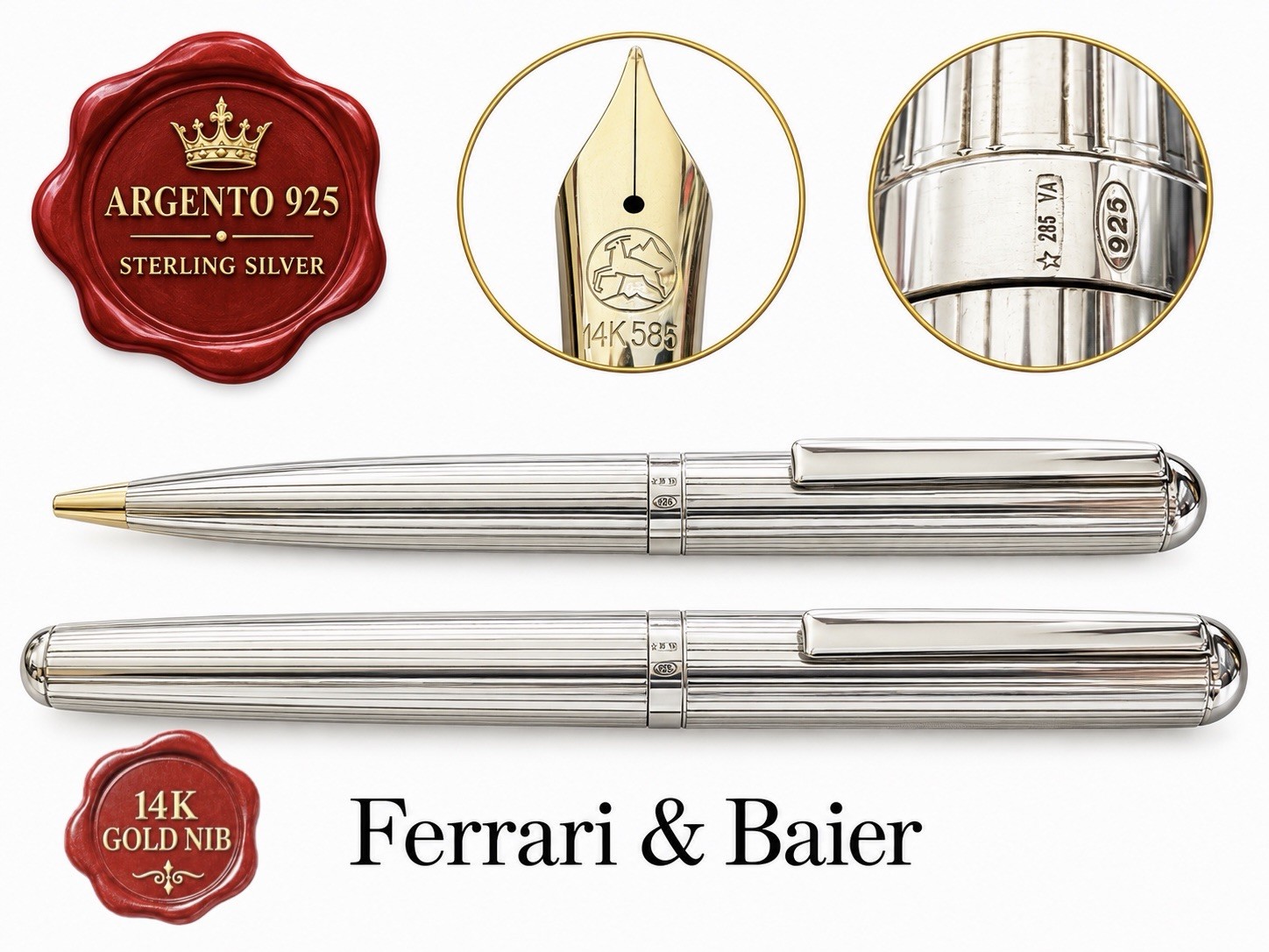 FERRARI & BAIER Vintage 1980s Fountain Pen And Ballpoint Silver 14 KT Gold Nib