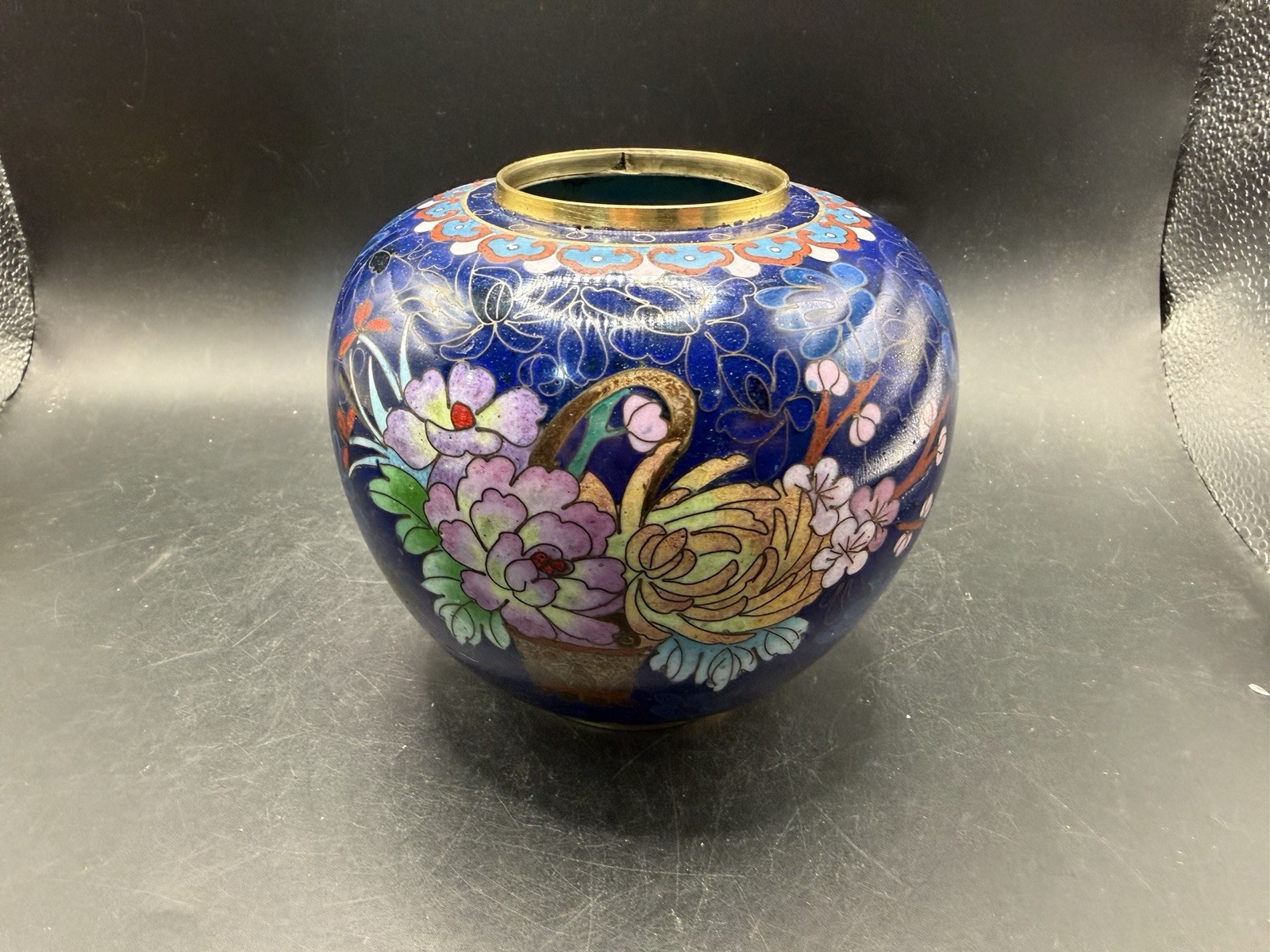 Vintage Chinese Cloisonne Brass Squat Jar Vase Cobalt Blue Peony Floral 5