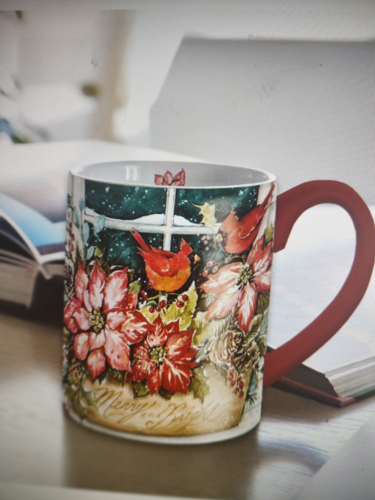 Lang ~ Merry and Bright 14 oz Coffee Mug ~ Cardinals/Poinsettias ~ Winget ~ NEW