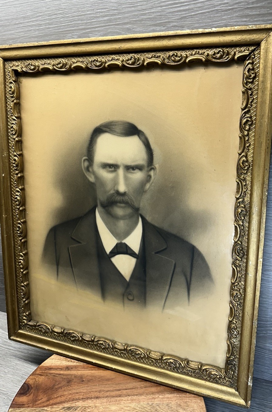 Antique Victorian Crayon Portrait Thompson Ornate Gold Gesso Wood Frame 19x23
