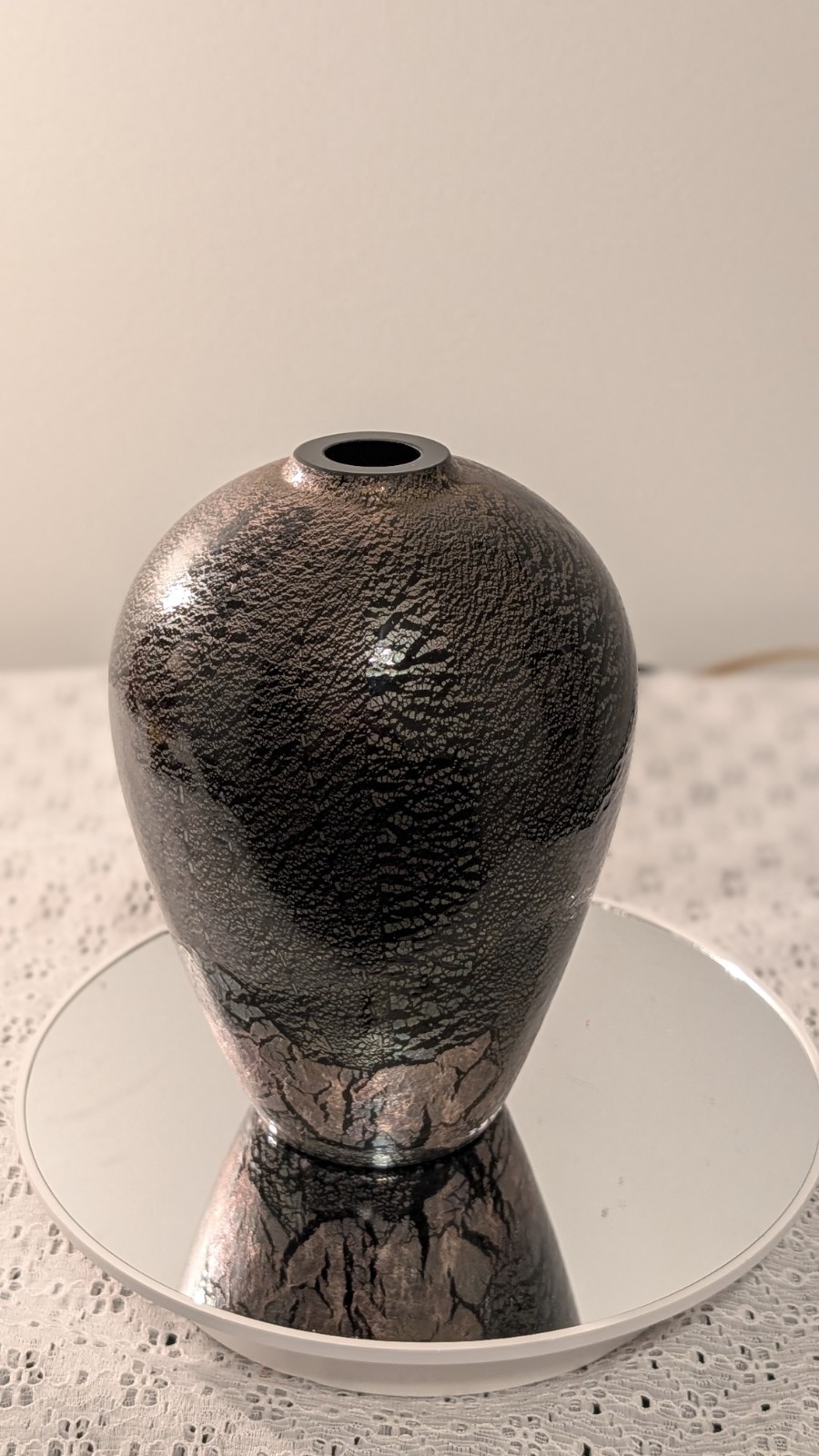Vintage Mikasa Larry Laslo Jet Black Art Glass Vase Crackle Silver Foil Japan Vintage Mikasa Larry Laslo Jet Black Art Glass Vase Crackle Silver Foil Japan