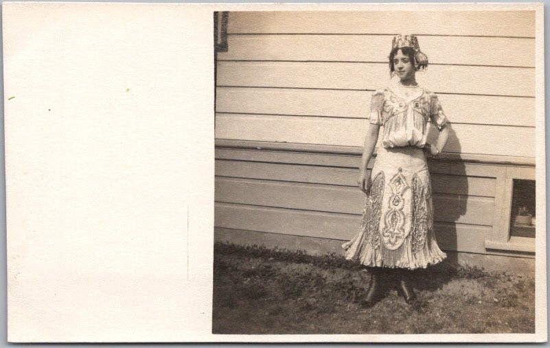Vintage 1910s Real Photo RPPC Postcard Woman in Native Costume at Side of House