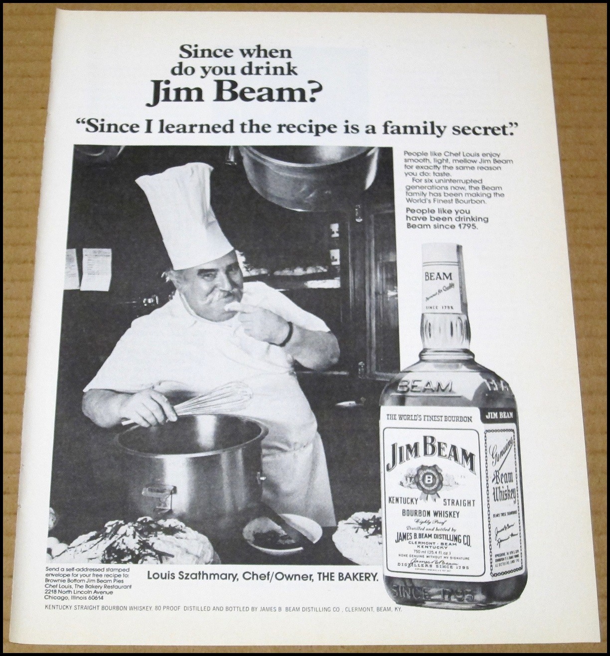 1978 Jim Beam Whiskey Print Ad Vintage Advertisement Kentucky Bourbon Chef Louis