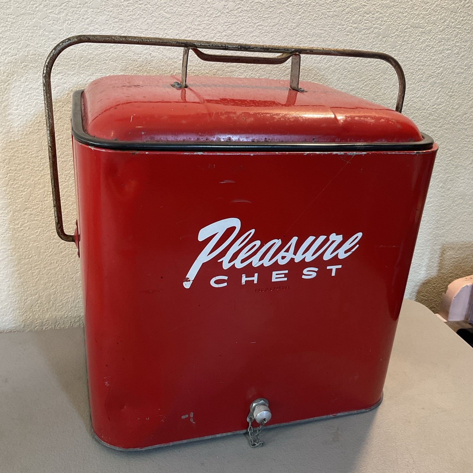Vintage 1950s Pleasure Chest Red Metal Cooler w/Bottle Opener, Mid-Century Retro