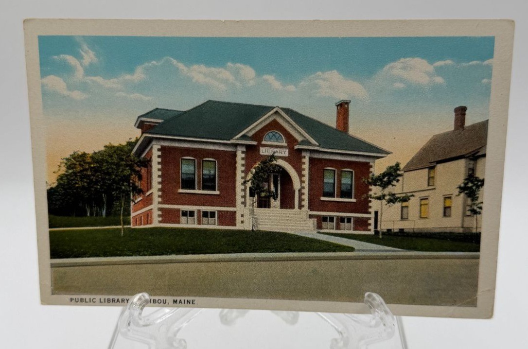 Vintage Postcard Caribou Maine Public Library Front Entrance