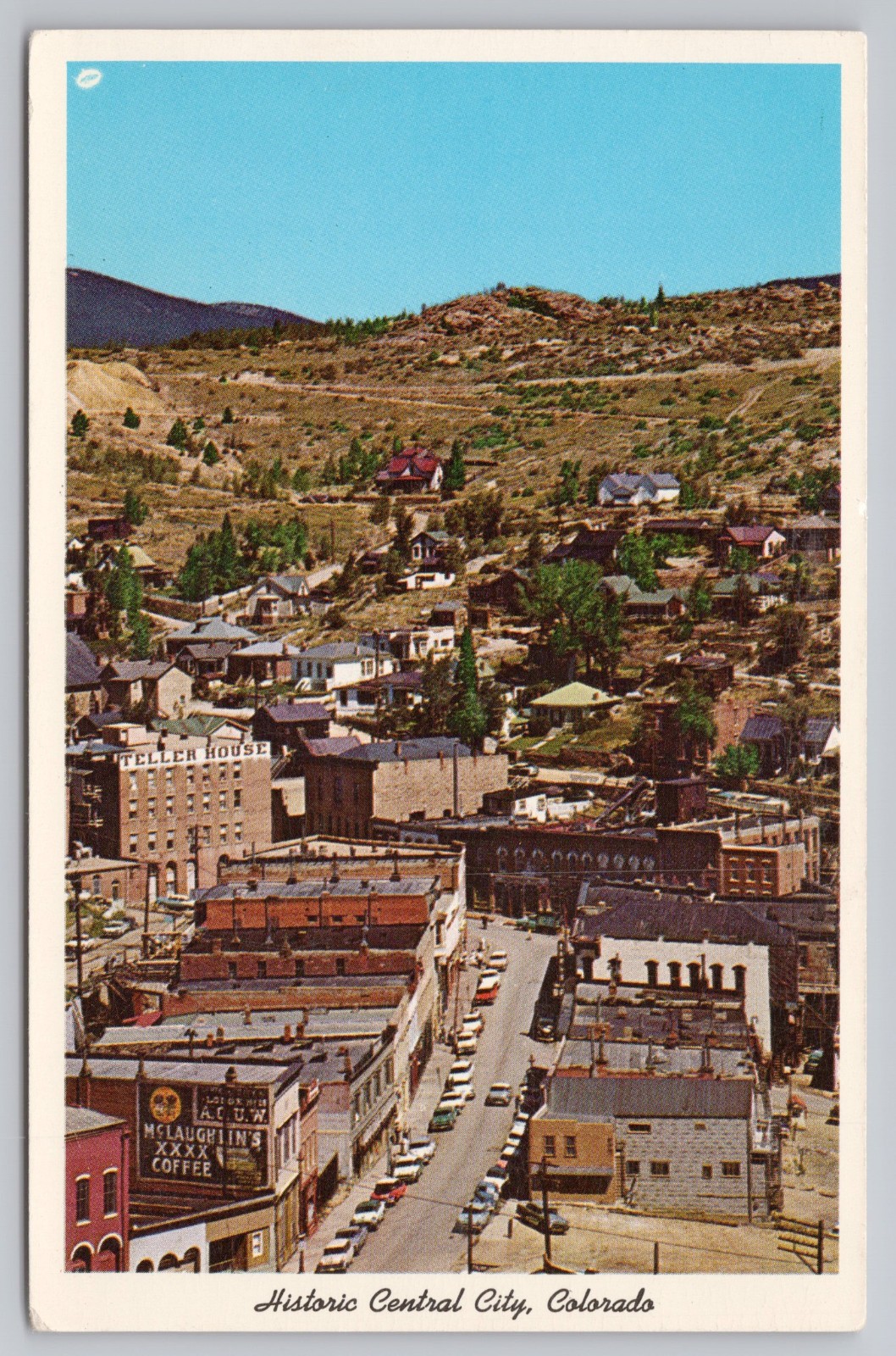 Vintage Central City, CO Postcard Main St Aerial Teller McLaughlins Coffee Signs