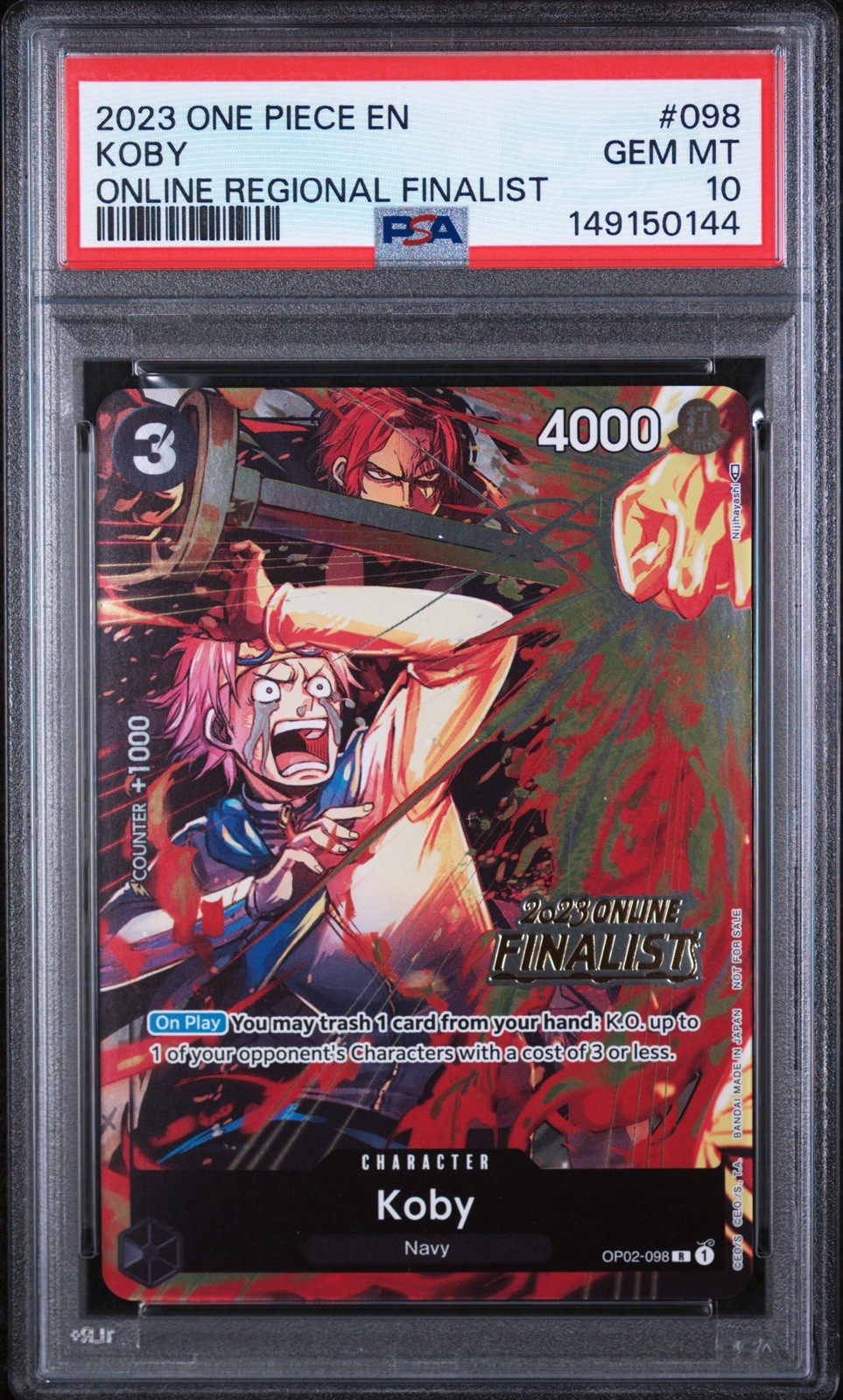 2023 ONE PIECE PROMOS ONLINE REGIONAL FINALIST #098 KOBY PSA 10 2023 ONE PIECE PROMOS ONLINE REGIONAL FINALIST #098 KOBY PSA 10