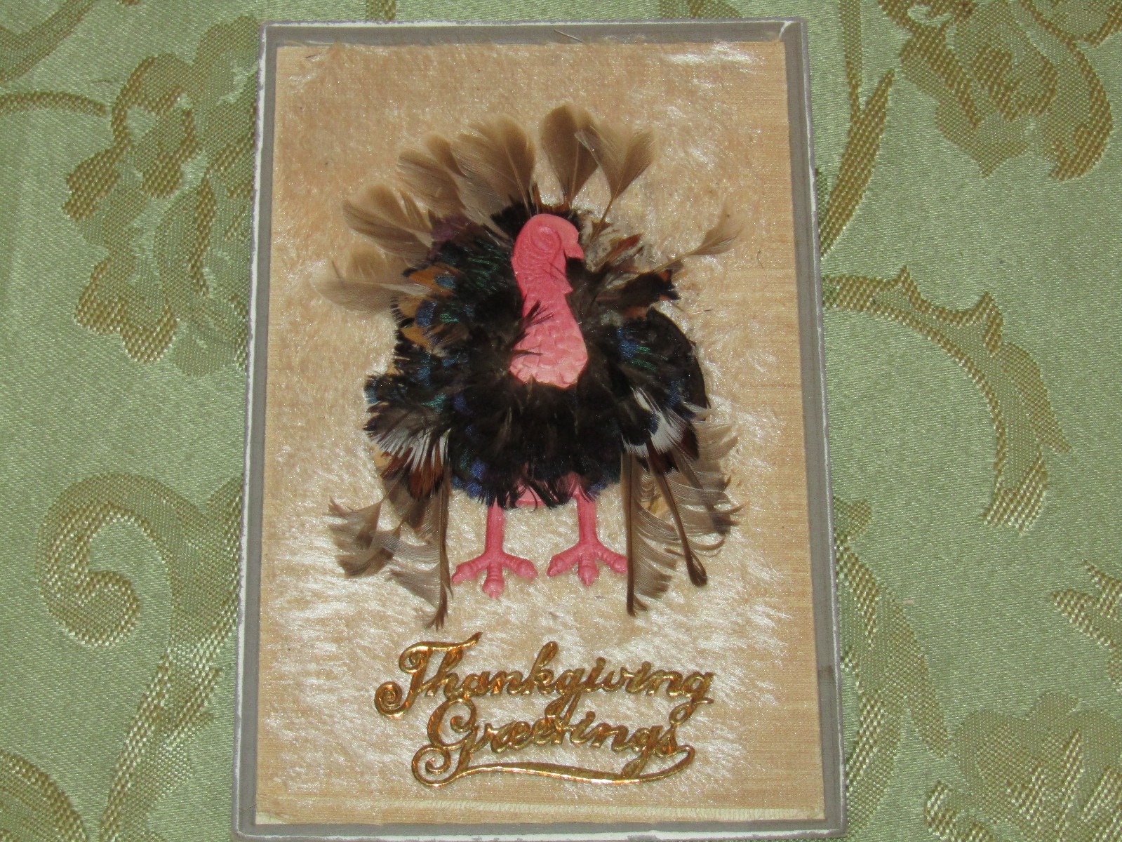 Vintage Thanksgiving Greetings Turkey /Real Feathers/ Gold Applique Germany PC