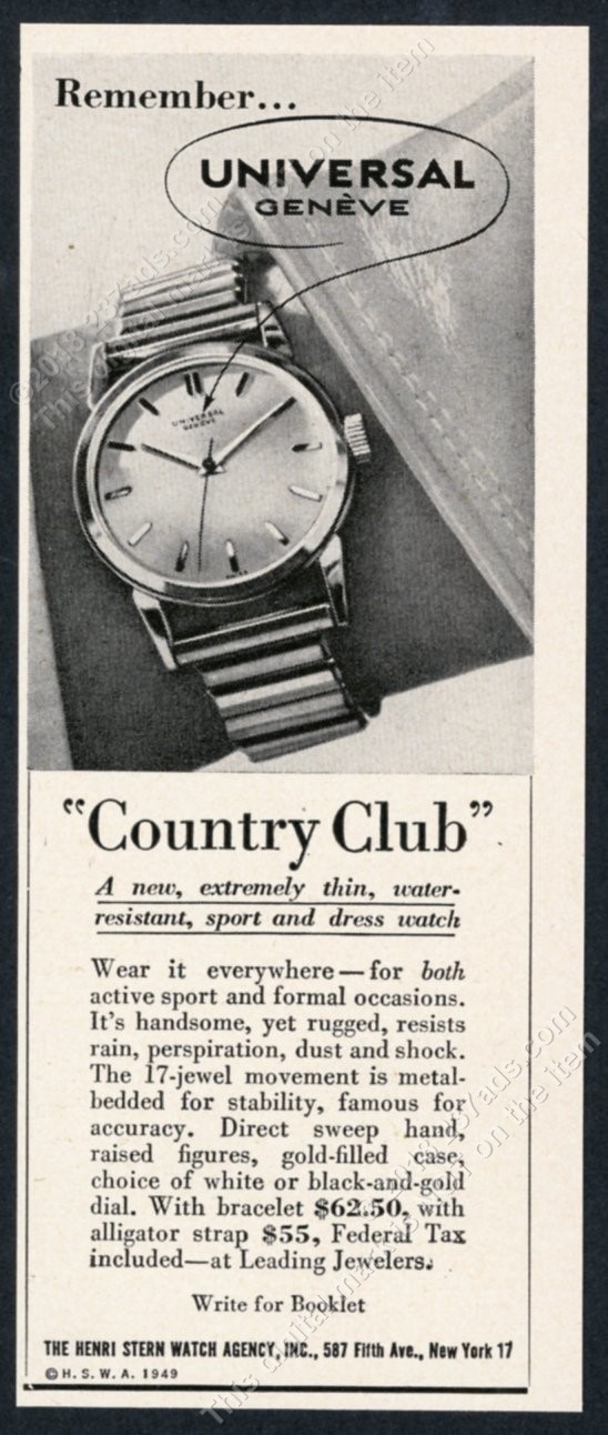 1949 Universal Geneve Country Club watch photo vintage print ad