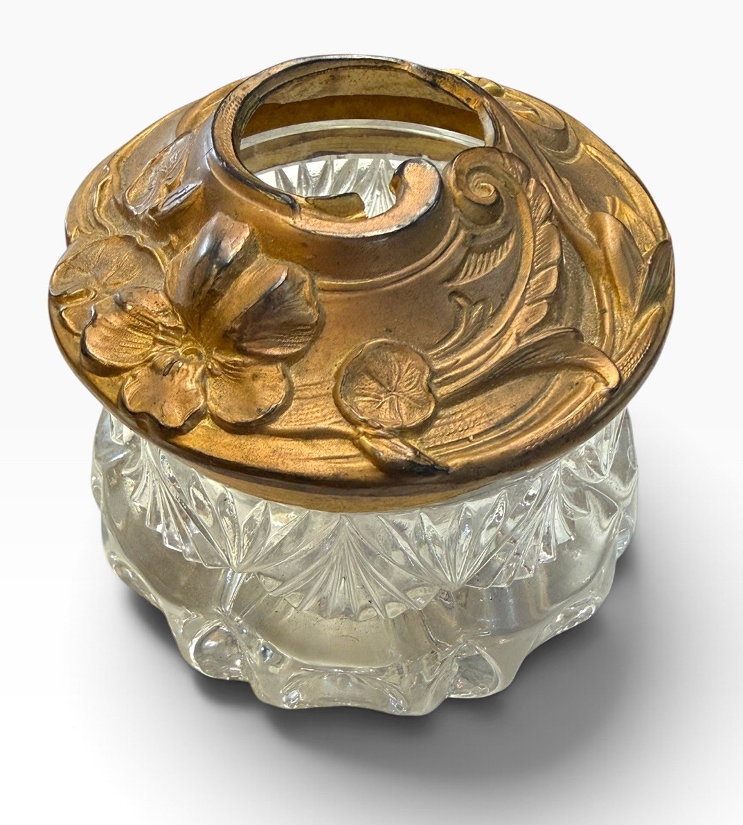 Antique 1900s Glass Hair Receiver Metal Art Nouveau Lid