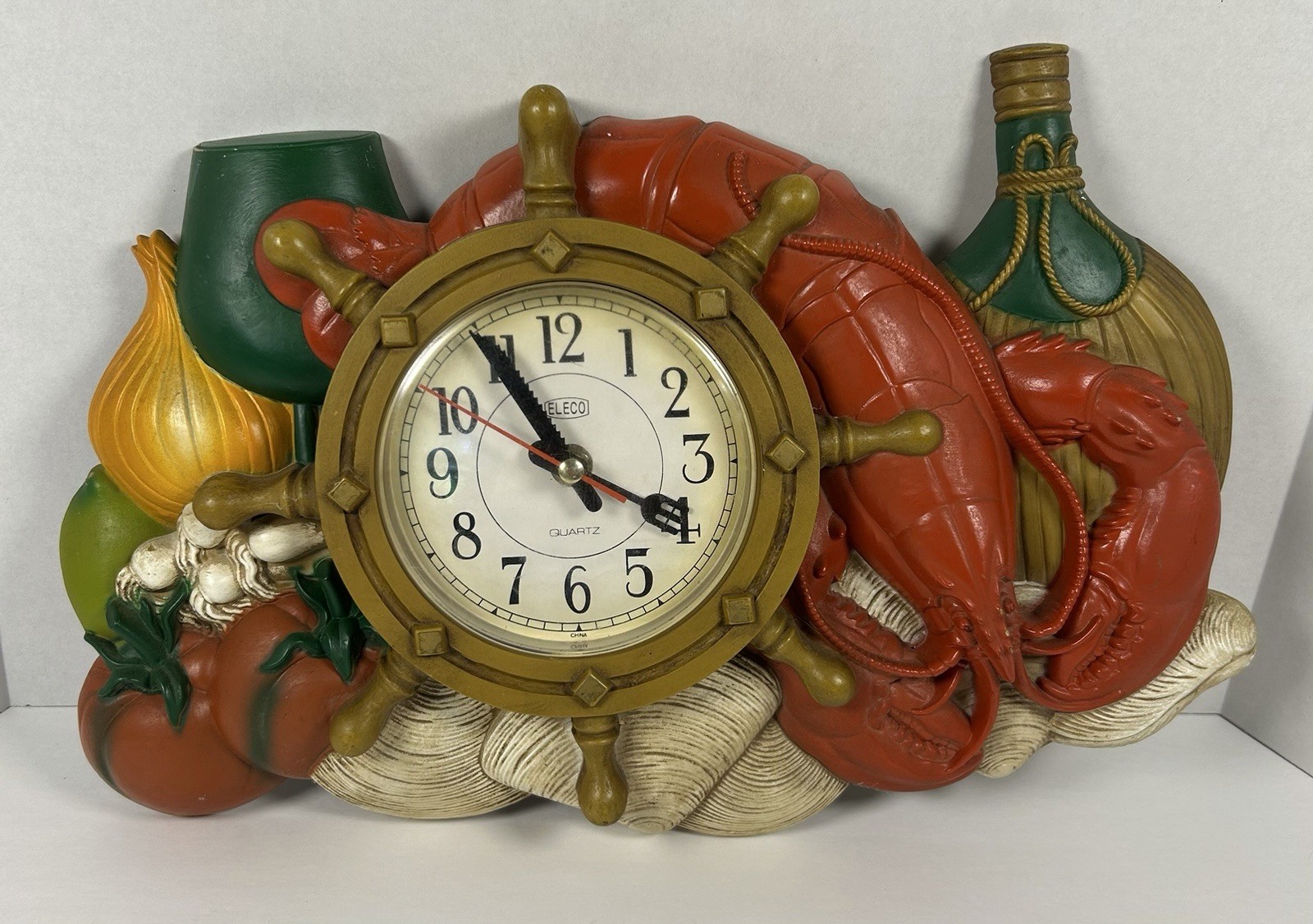 VTG ELECO Kitchen Wall Clock Quartz Lobster Veggies Ship Wheel Tested/Working VTG ELECO Kitchen Wall Clock Quartz Lobster Veggies Ship Wheel Tested/Working
