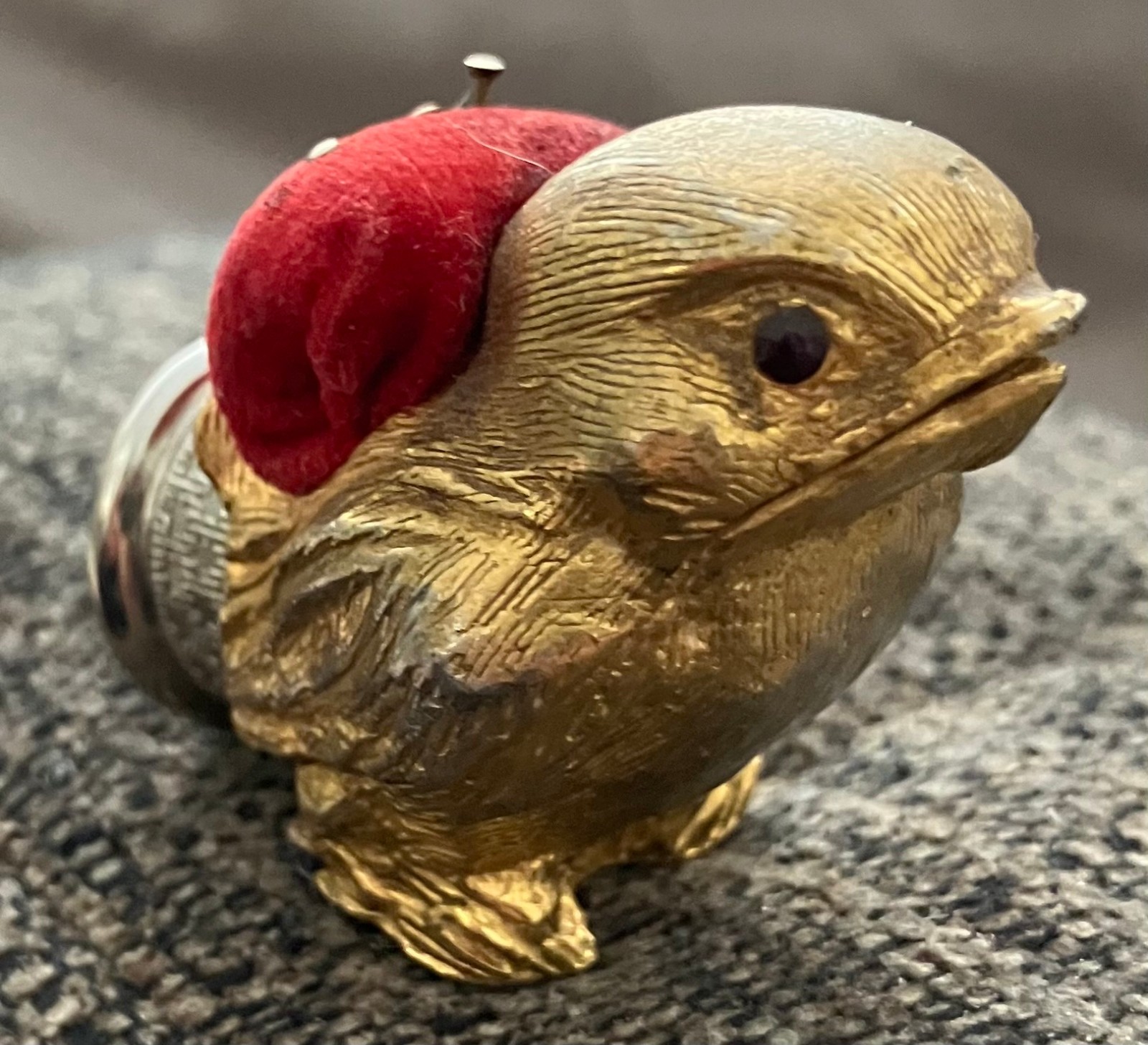 RARE VTG MCM Gold Gilded Bird Pin Cushion Thimble Holder MARKED GERMANY RARE VTG MCM Gold Gilded Bird Pin Cushion Thimble Holder MARKED GERMANY