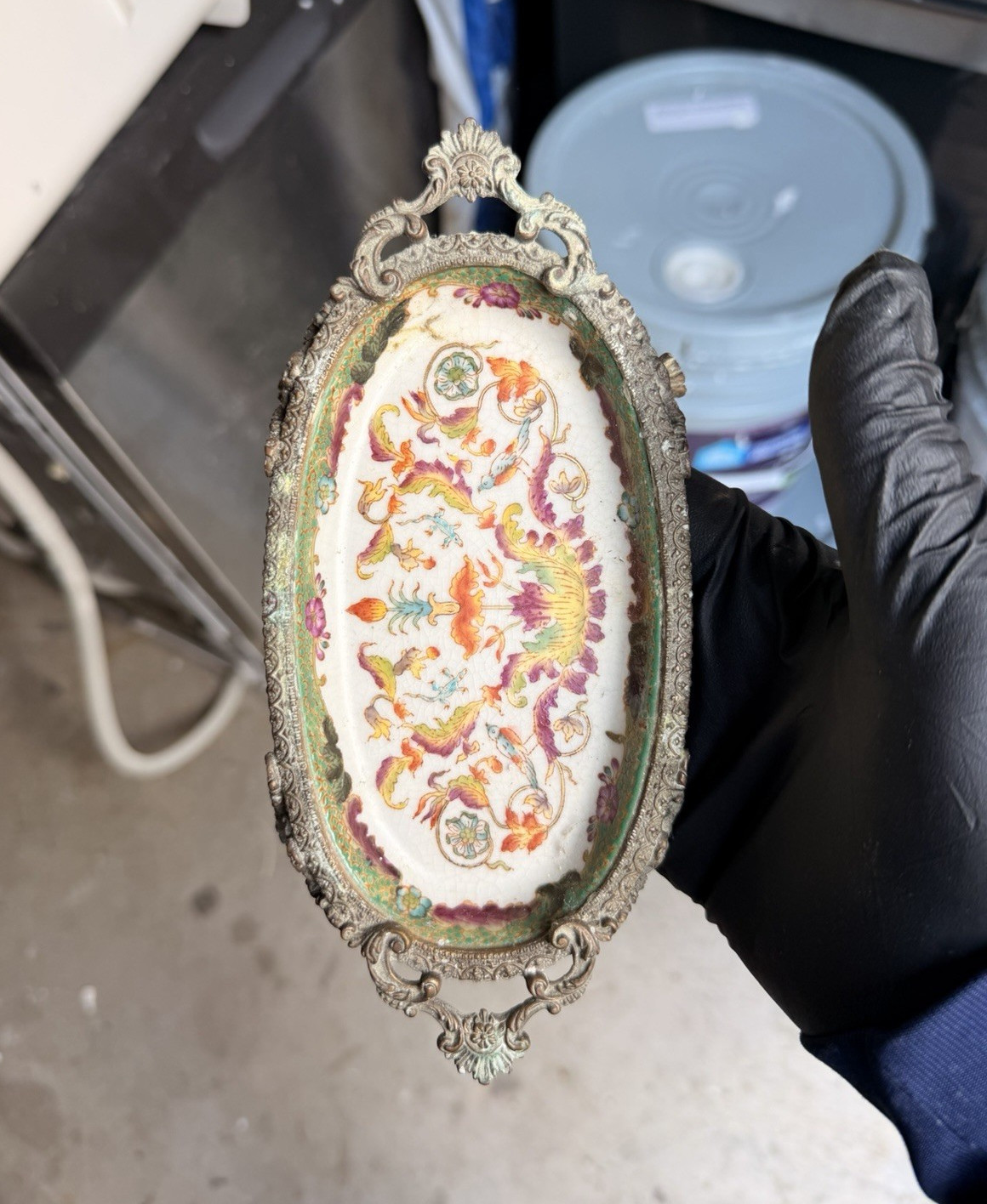 Ornate Metal Frame Oval Porcelain Plaque Plate/Tray Floral Design