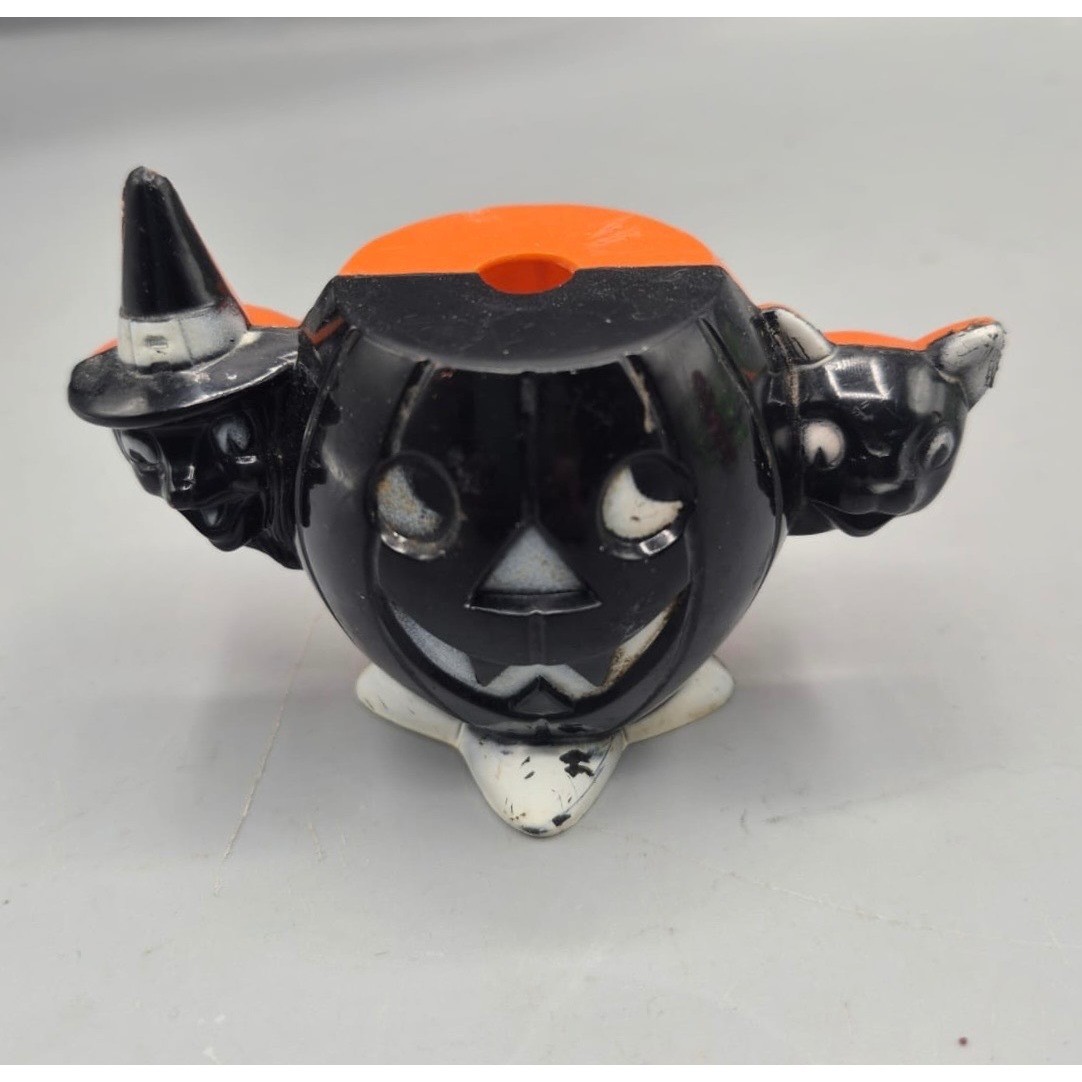 Vtg Rosbro Plastics Halloween Pumpkin Witch Cat Candy Holder Split Orange Black