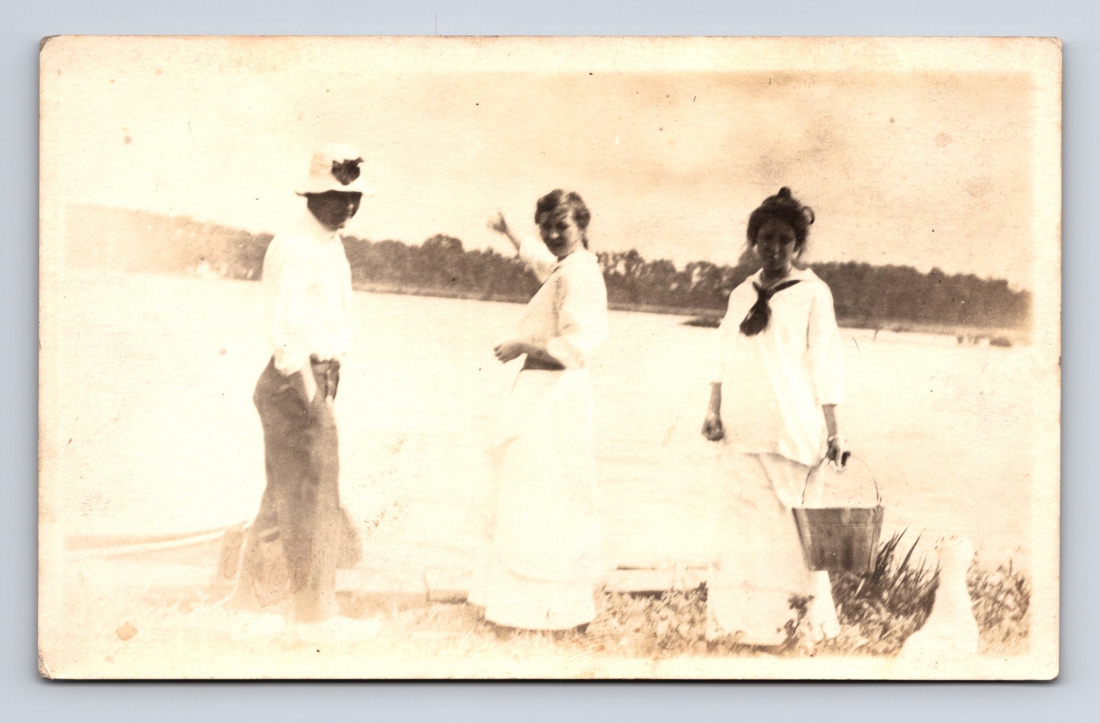 RPPC Portrait of Two Women & Man at Lake Fashion Postcard