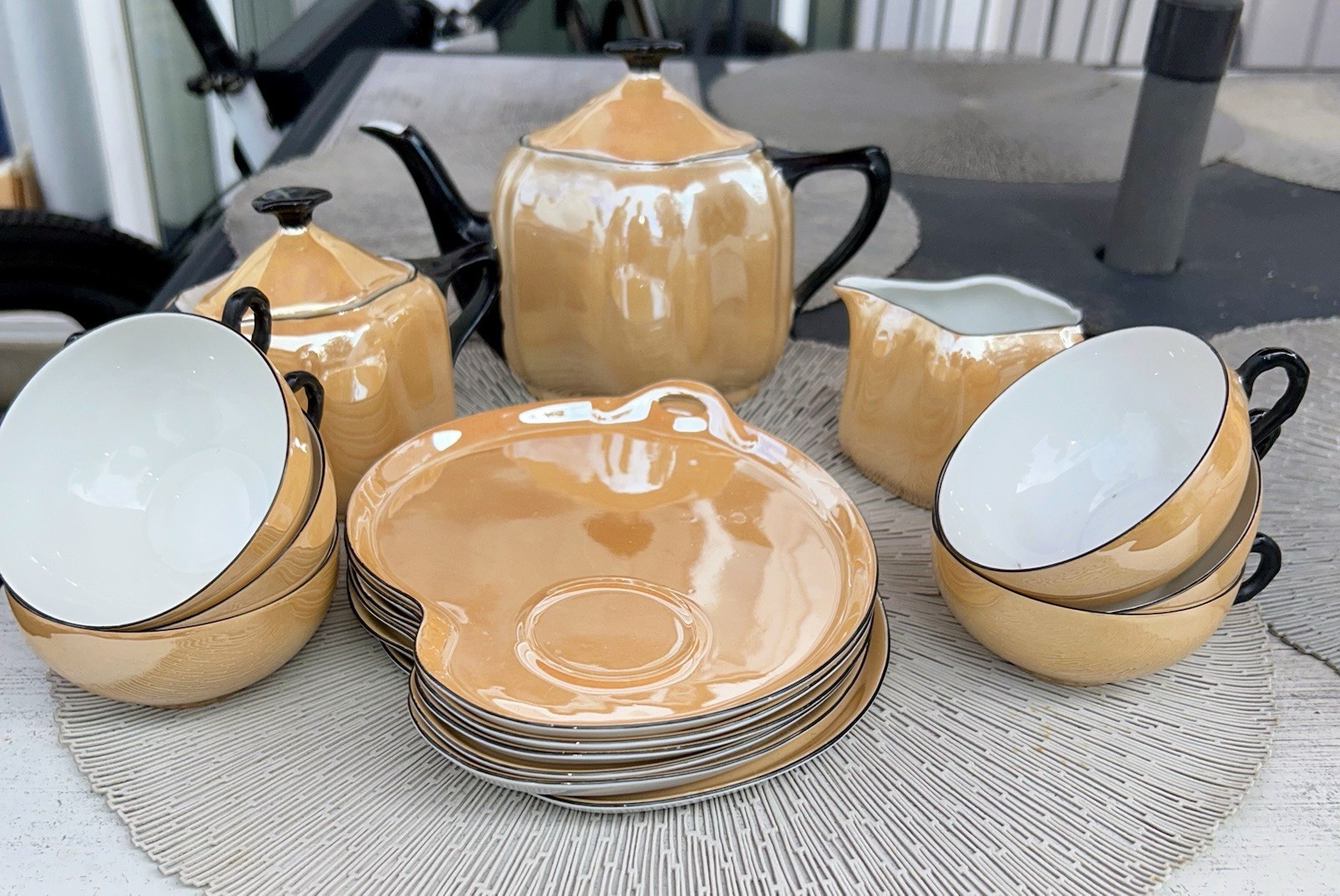 Vintage Art Deco Peach Lusterware Tea Lunch Snack Set Bovaria Germany 17 Pieces Vintage Art Deco Peach Lusterware Tea Lunch Snack Set Bovaria Germany 17 Pieces