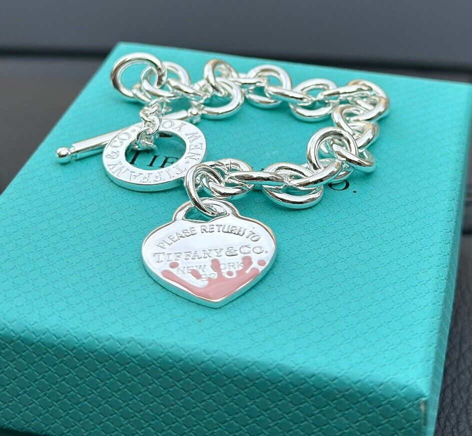 Tiffany & Co. Pink Hearts 7 inches Toggle Chain Bracelet 925 Sterling Silver