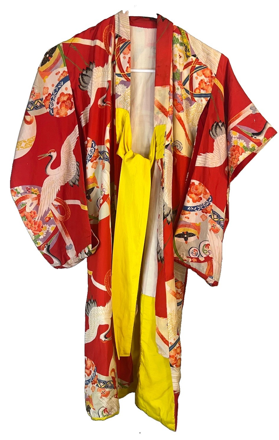 Vintage Japanese Child’s Silk Hand Madevkimino Red W/multi Cranes Floral Vintage Japanese Child’s Silk Hand Madevkimino Red W/multi Cranes Floral