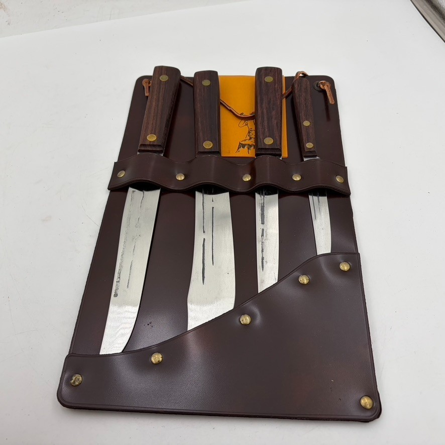 New VTG Hickory 4-Piece Old Fashioned Carbon Steel Knife Set w/ Wall Sheath Rack
