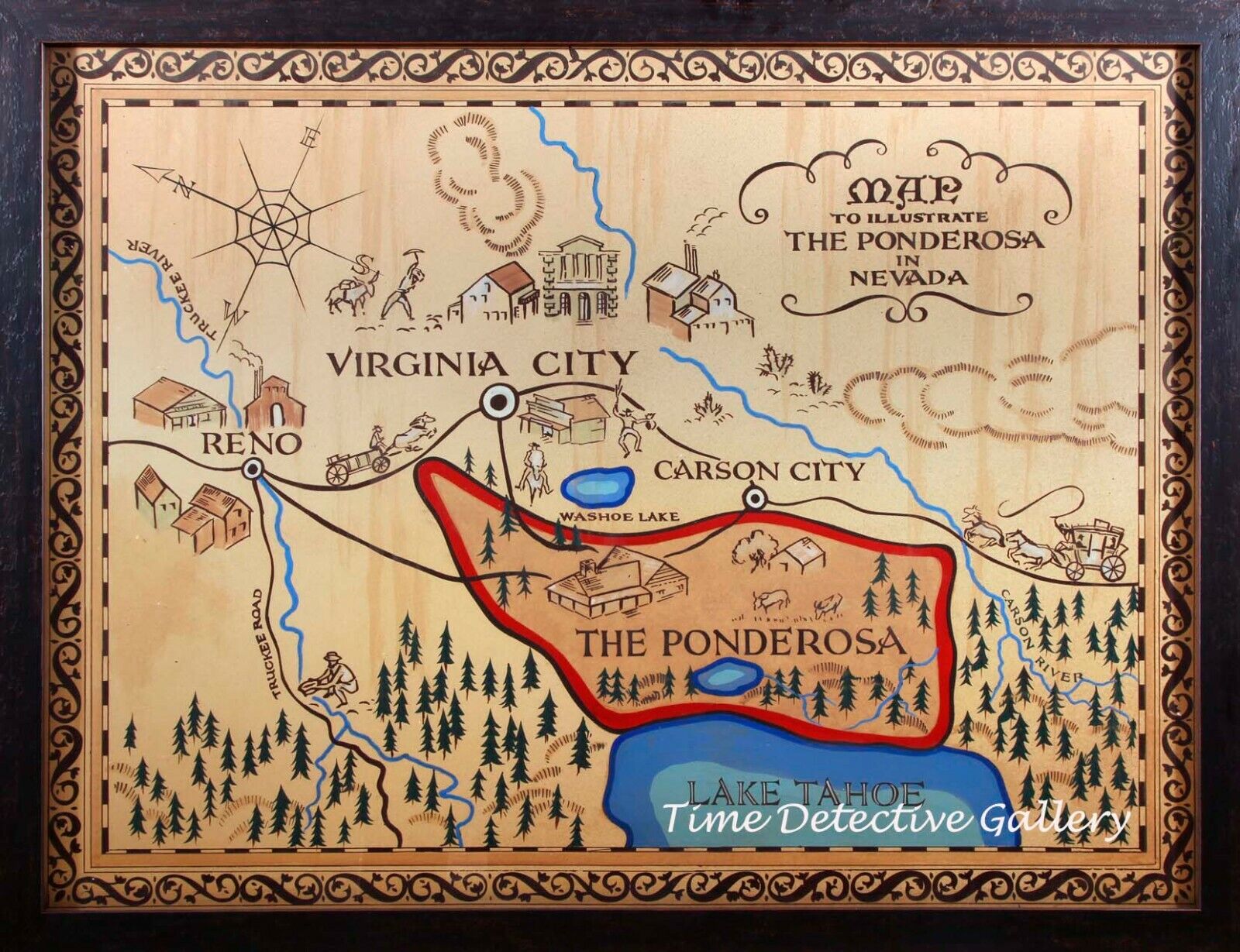 Map of the Ponderosa Ranch from Bonanza TV Series - Vintage Art Print