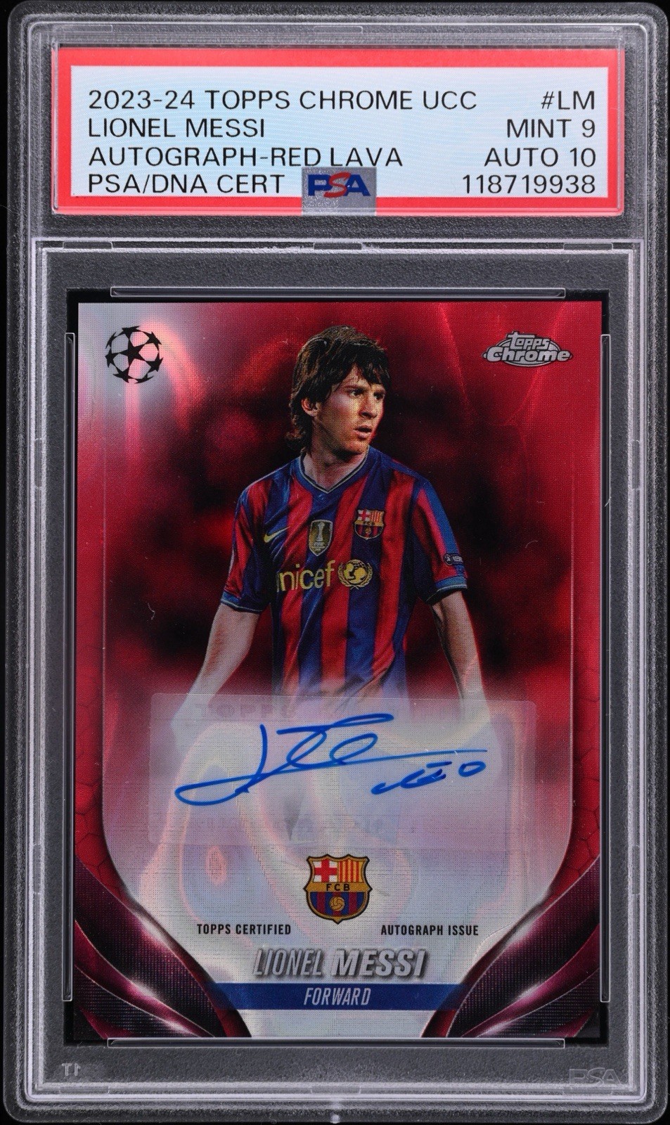 Lionel Messi Topps Chrome UCC 23/24 Barcelona Auto Red Lava SSP CA-LM PSA 9/10 Lionel Messi Topps Chrome UCC 23/24 Barcelona Auto Red Lava SSP CA-LM PSA 9/10
