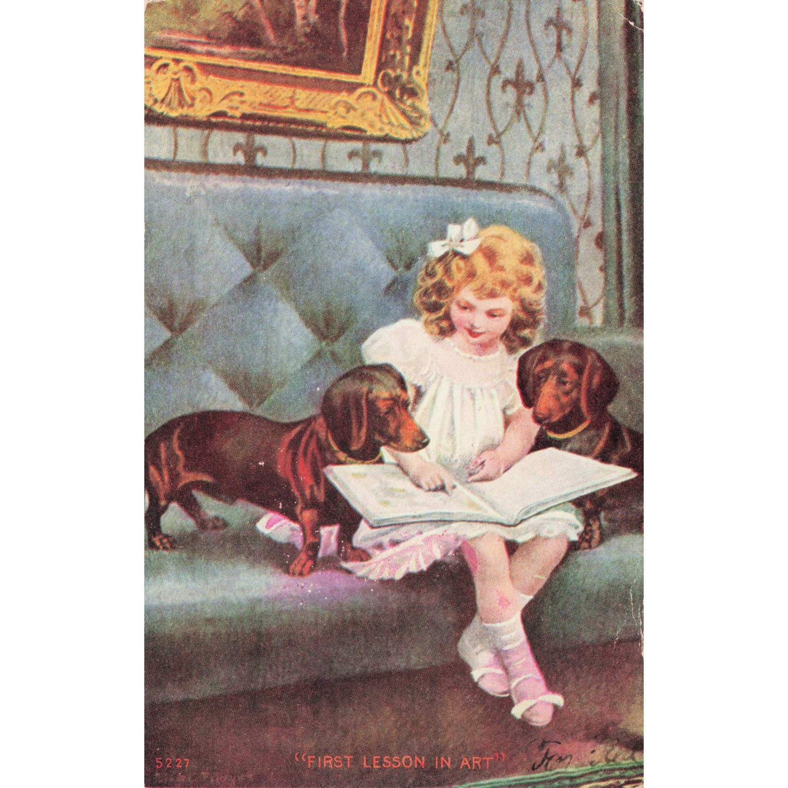 Antique Postcard 1908 Girl with Dachshund Dogs First Lesson in Art Kunkletown PA