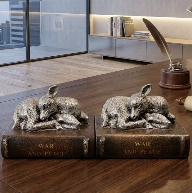 Vintage Sleeping Fawn Bookends Pair War And Peace Novel Base Pewter Look Finish Vintage Sleeping Fawn Bookends Pair War And Peace Novel Base Pewter Look Finish
