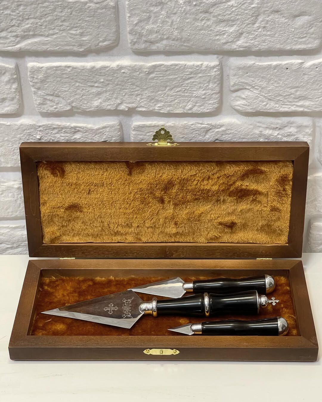 Church Set of Spear with Wooden Handles Blade is Engraved Carved in Wooden Case