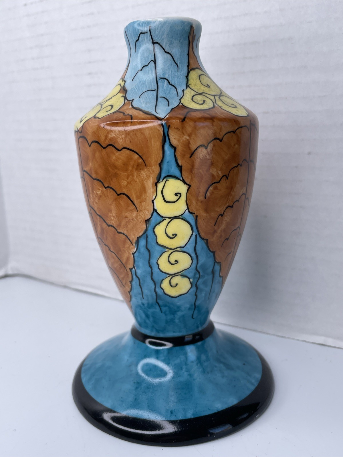 Vintage 1930s French Art Deco Hand Painted Vase France Blue Brown Pedestal 6
