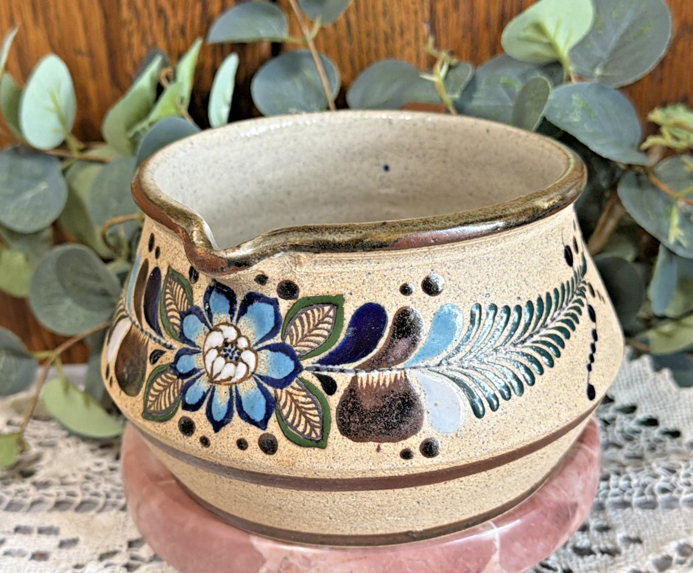 Tonala Mexican Tan Sandstone Pitcher w/ Handle Blue Floral Folk Art Signed 7x3