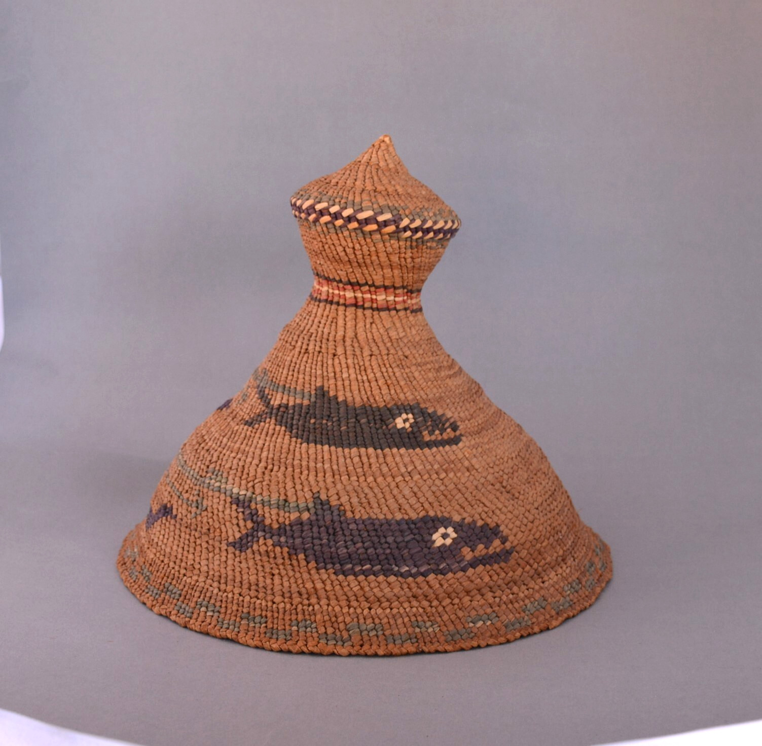 Rare Vintage Older Northwest Coast Whaler\'s Hat Basket - Pictorial Whales -