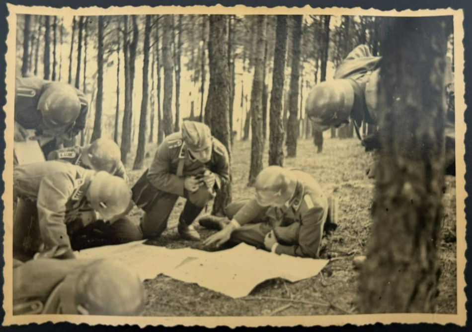 Vintage WWII Original Photo German Soldiers Officers Examining Map In Forest WW2