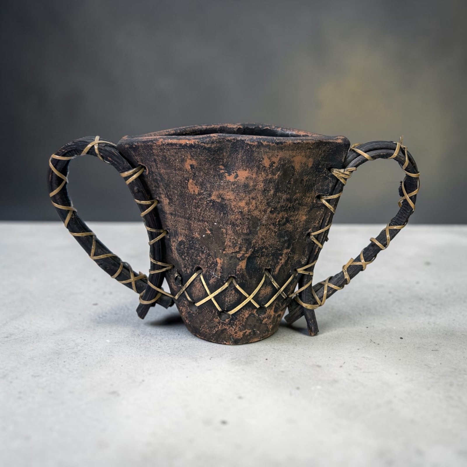 Vintage Primitive Clay Vessel Basket Two Double Handle Rattan Wrapped Pottery Vintage Primitive Clay Vessel Basket Two Double Handle Rattan Wrapped Pottery