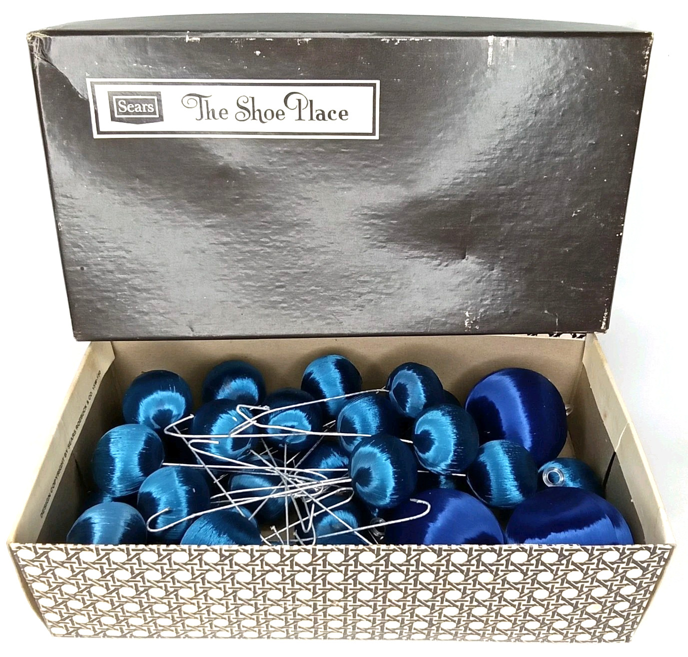 Vintage 1960s Sears Shoe Box Full Of Blue Satin Christmas Ornaments New Arrival