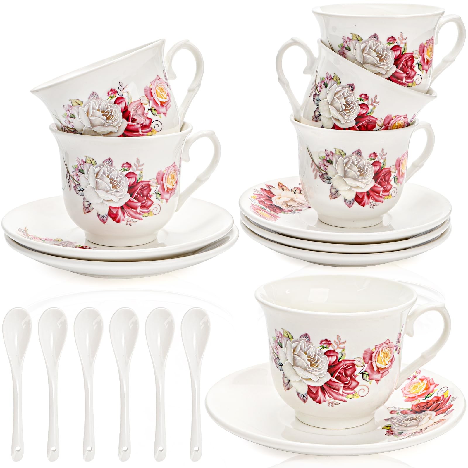WRINGKIT Tea Cups and Saucers Set of 6, 6 Oz Porcelain Teacup Medium, White