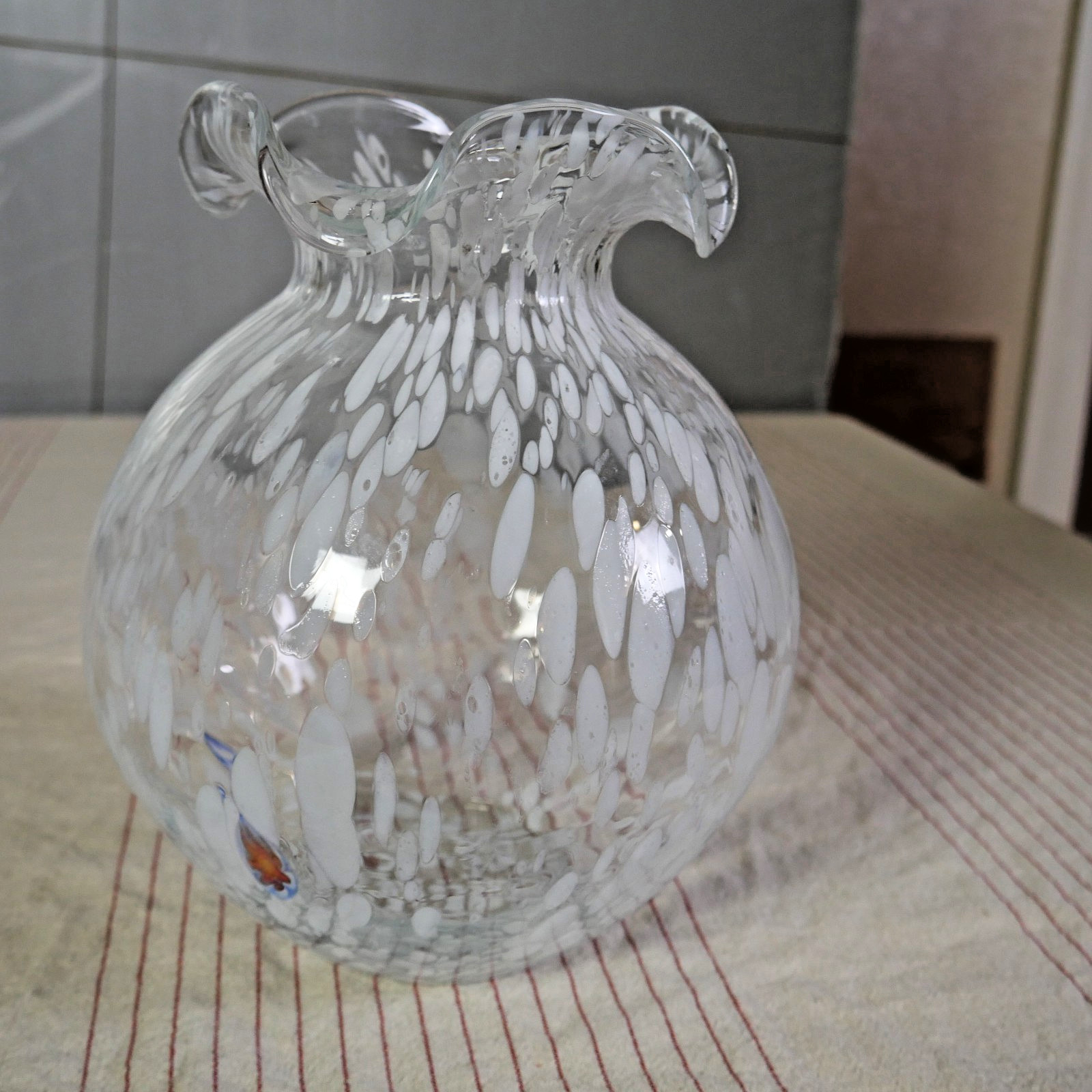 1980s Blown Glass Vase Transparent With White Blue Orange Spots Ruffle Edges