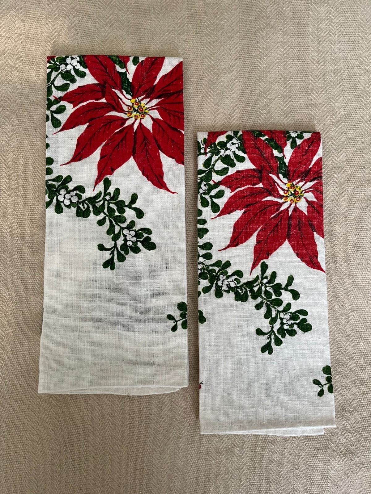Two-Vintage Kay Dee Poinsettia & Mistletoe Christmas Linen Tea Towels