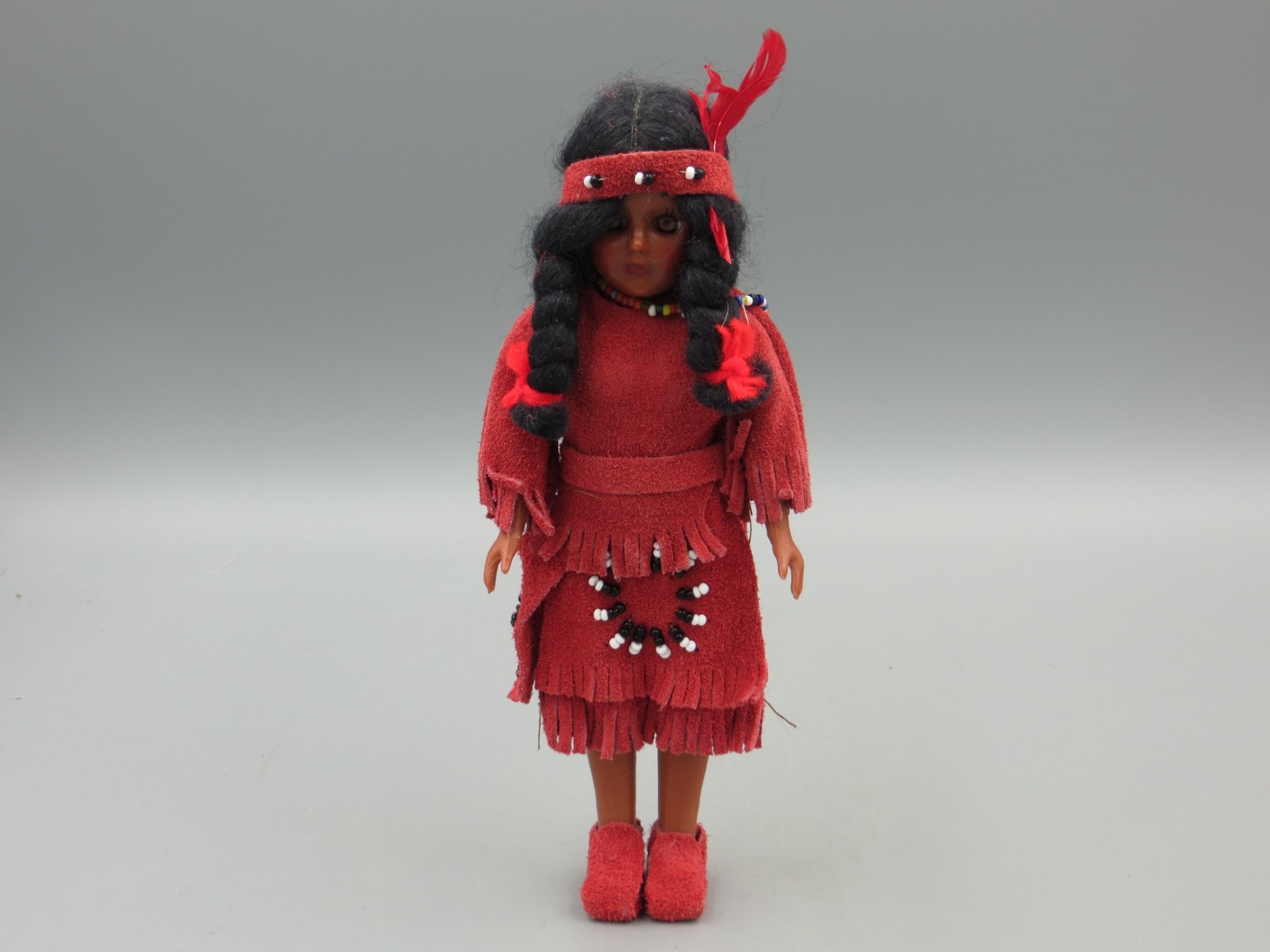 Vintage 1950s Native American Style Souvenir Doll Hard Plastic w/ Suede & Beads