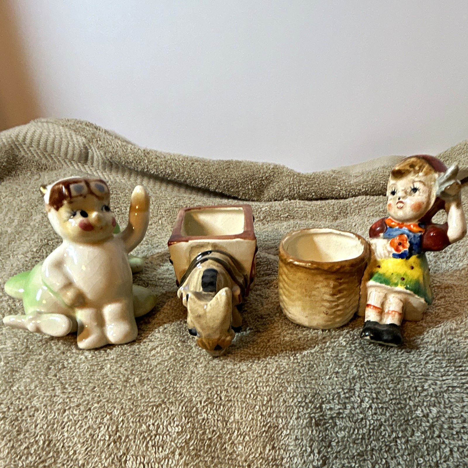 Vintage Occupied Japan Ceramic Figurine Lot Pilot Airplane Girl Basket Donkey T1 Vintage Occupied Japan Ceramic Figurine Lot Pilot Airplane Girl Basket Donkey T1