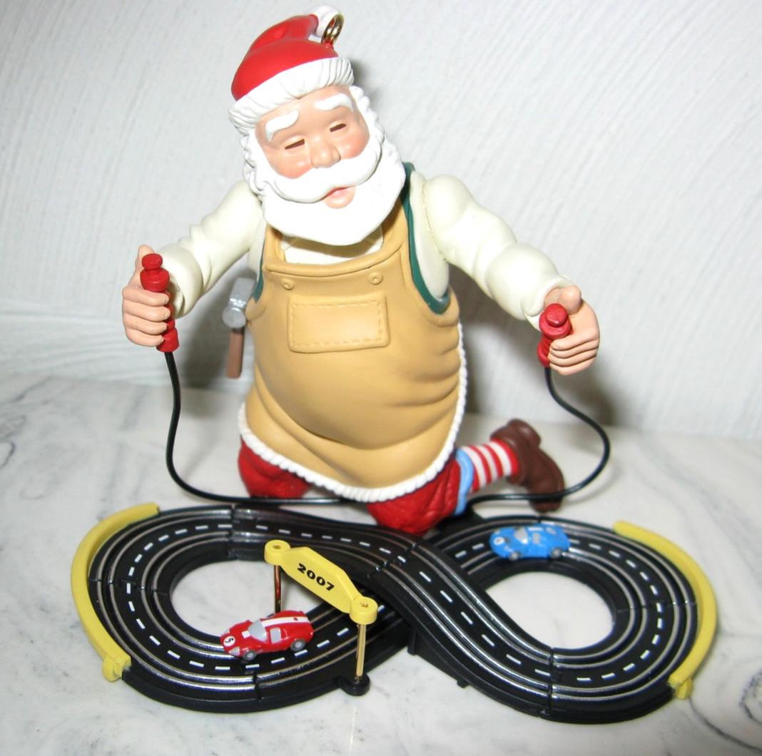 2007 Hallmark Toymaker Santa Toy Race Car with Track Christmas Ornament #8