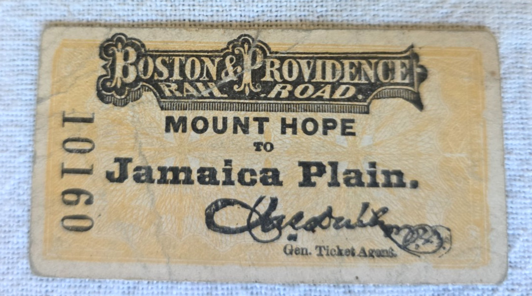 1888 Boston & Providence Railroad Ticket Mount Hope Jamaica Plain MA RR