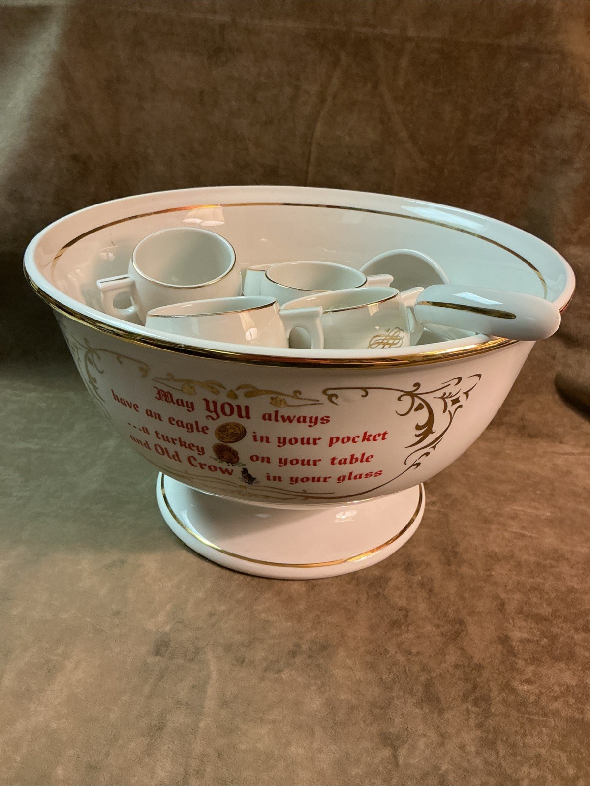 Vintage HALL China/porcelain Old crow liquor Punchbowl ladle cups set 12 Pieces Vintage HALL China/porcelain Old crow liquor Punchbowl ladle cups set 12 Pieces