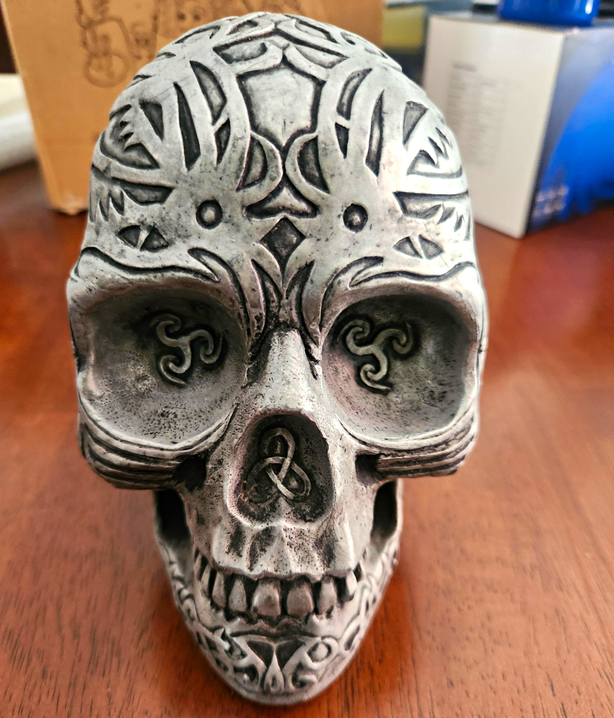 Gothic Pewter Skull - Fully Covered in Tribal Tattoos, 1998, Excellent Condition Gothic Pewter Skull - Fully Covered in Tribal Tattoos, 1998, Excellent Condition