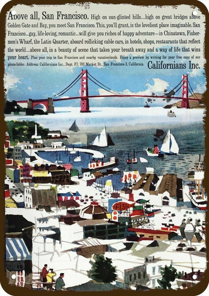 1961 SAN FRANCISCO CALIFORNIA TOURISM ART Vintage Look Replica Metal Sign