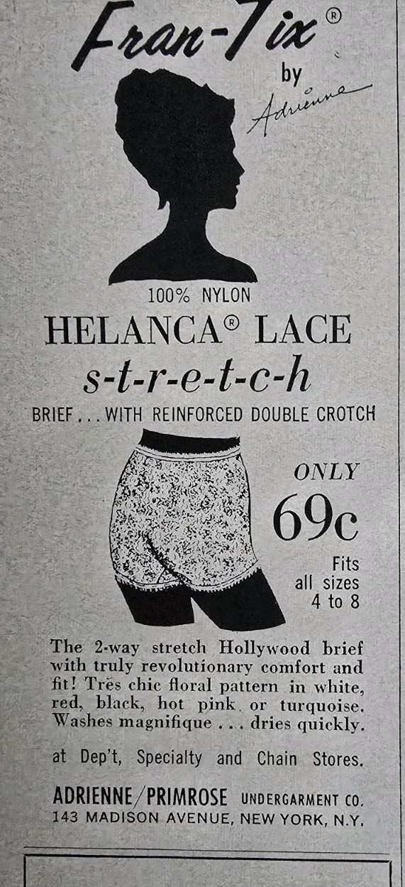 1962 Women\'s Fran-tix Nylon Helanca Lace Stretch Panties vintage Ad